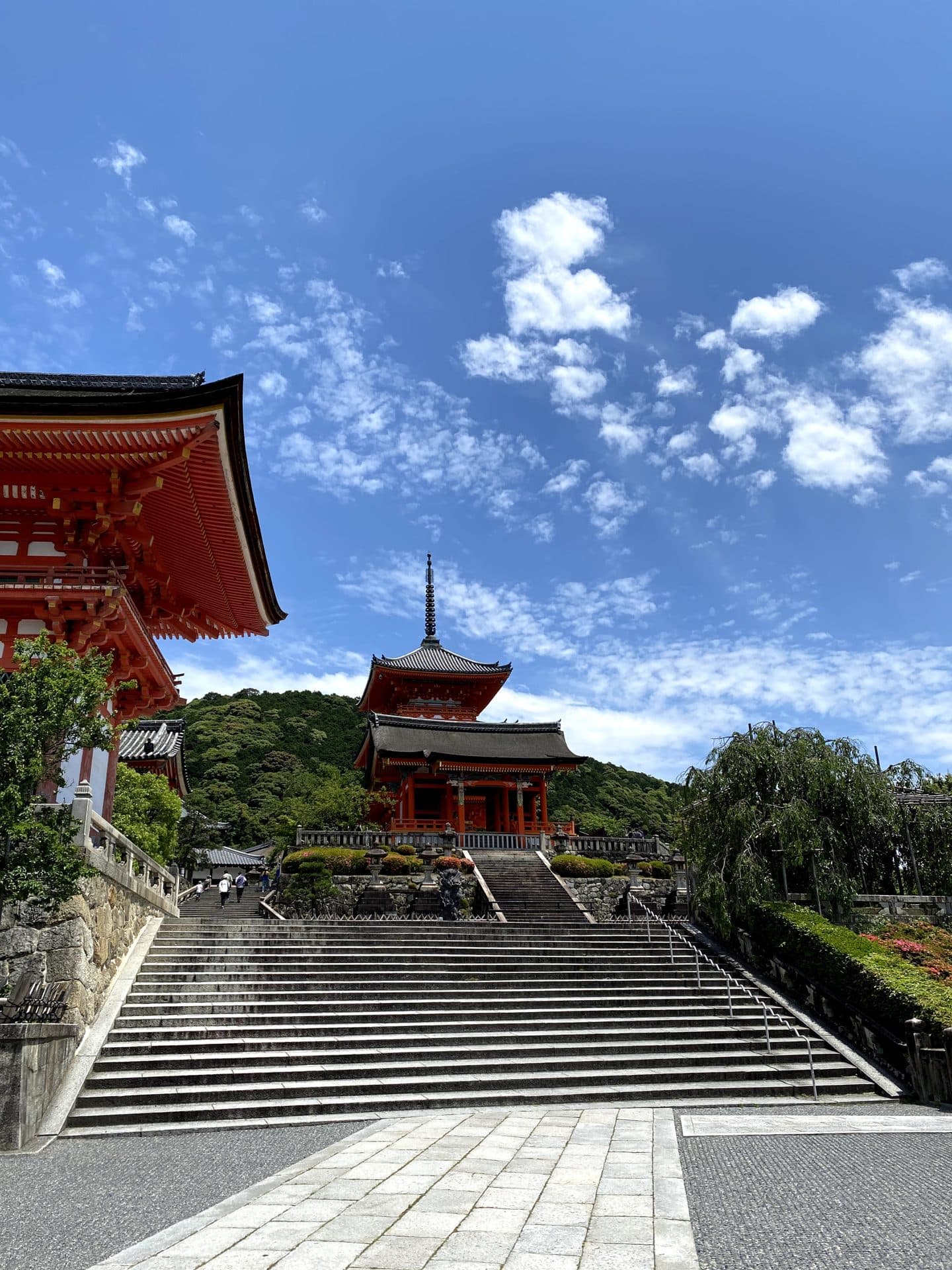 The stairs and vermilion pagoda approaching Kiyomizu-dera on a summer day, with the green hillside that turns red in late November