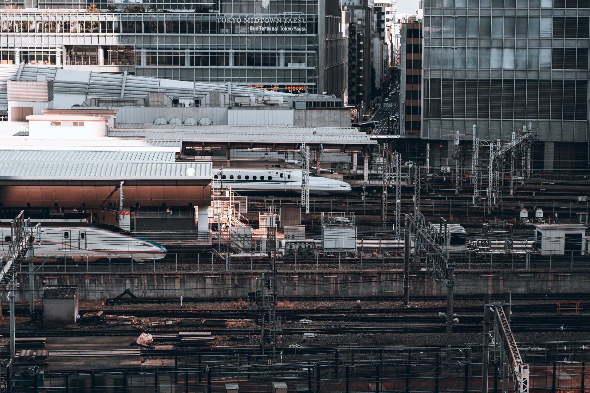 Bullet trains lined up at a Tokyo railway station platform