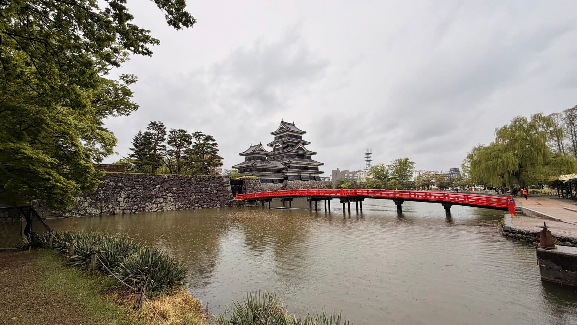 Matsumoto castle with red bridge in spring