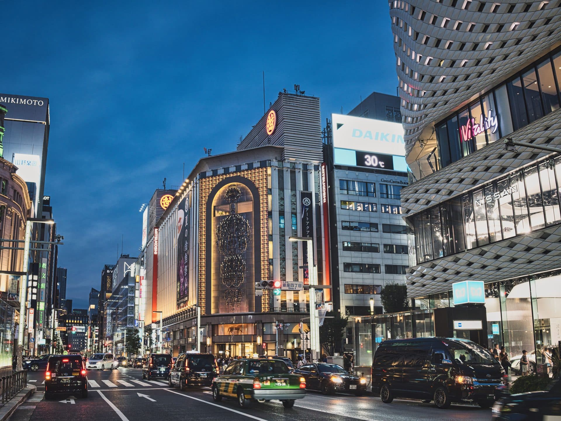Evening street view of ginza tokyo s shopping district