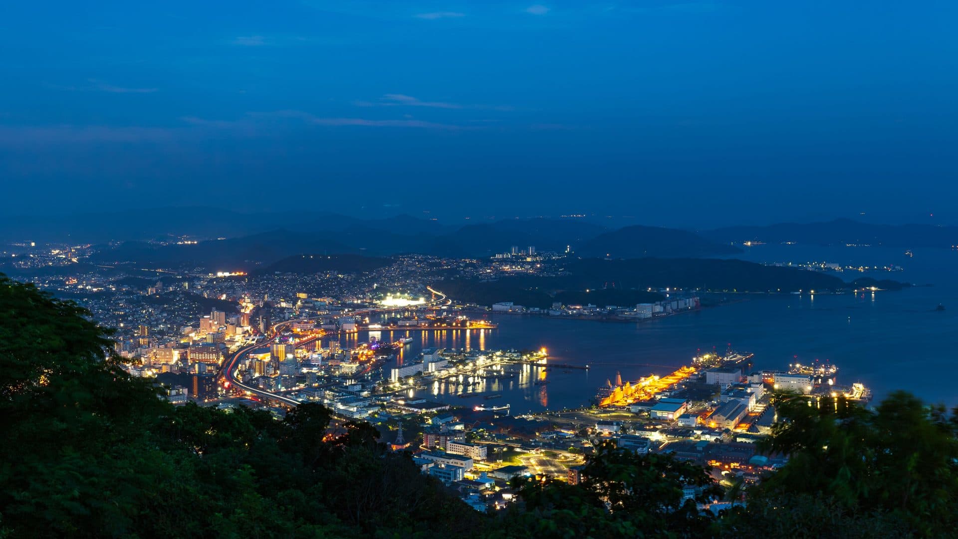 Stunning night view of nagasaki harbor lights