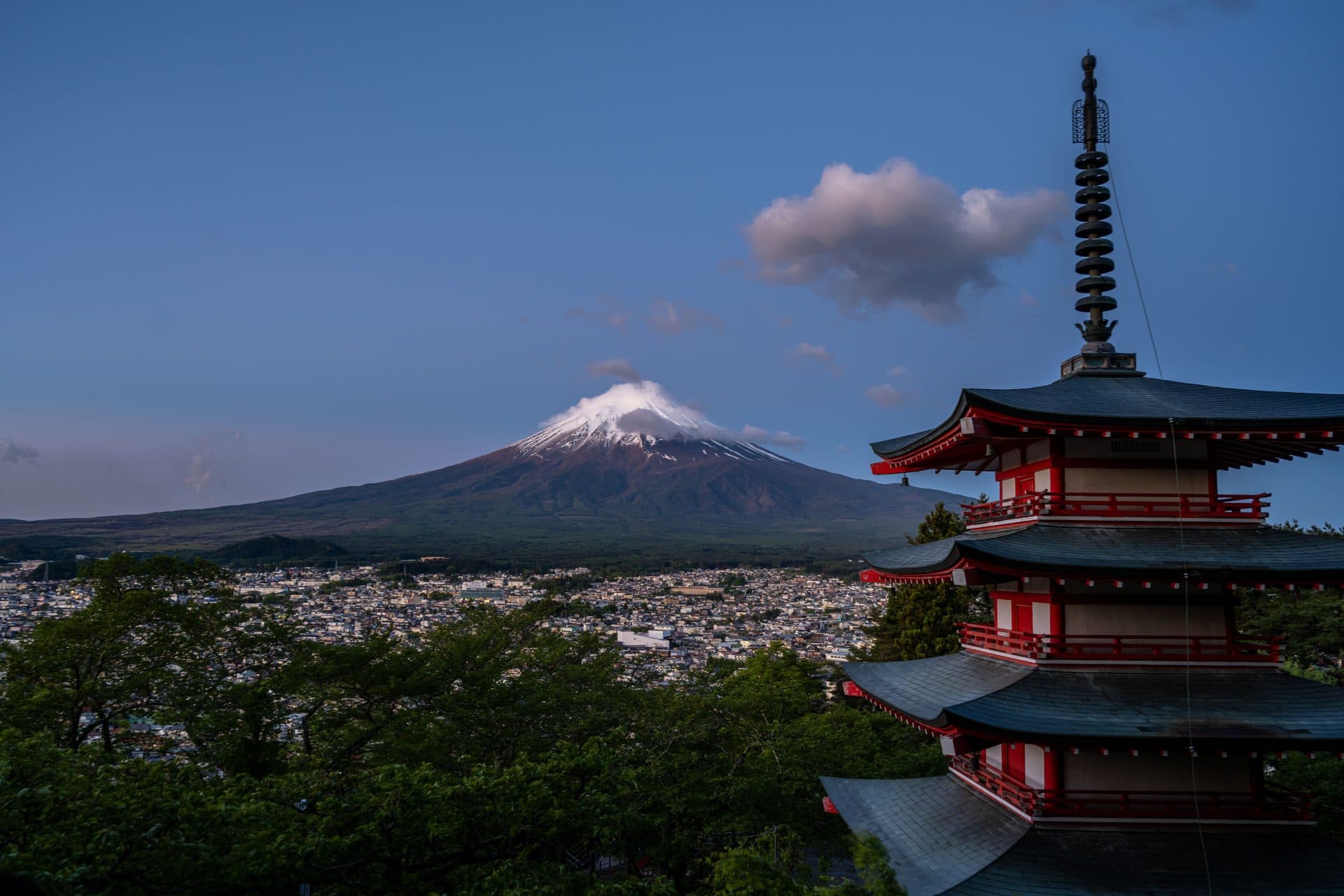 Mount fuji with chureito pagoda at dusk