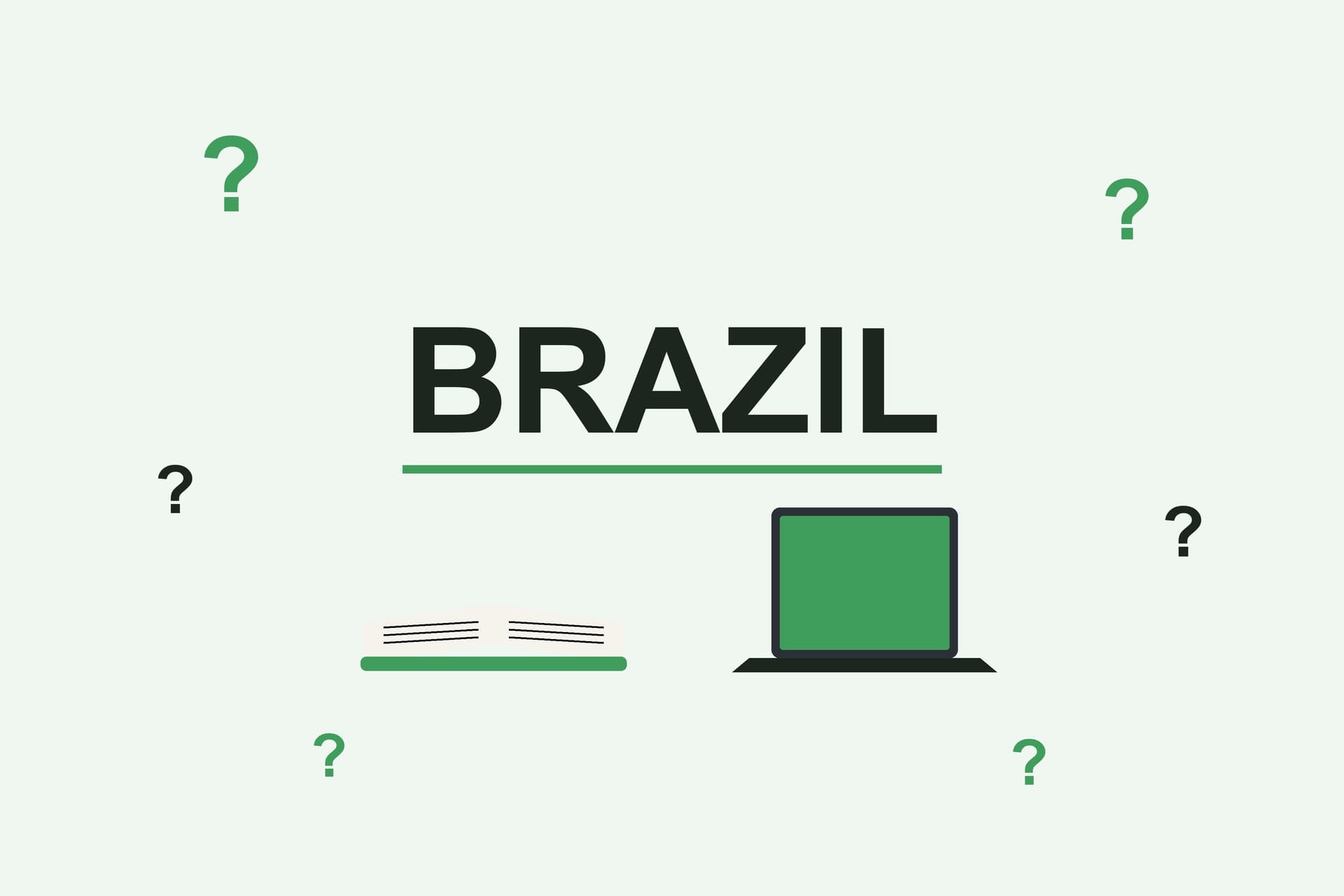Flat illustration with the word Brazil, question marks, an open book and a laptop