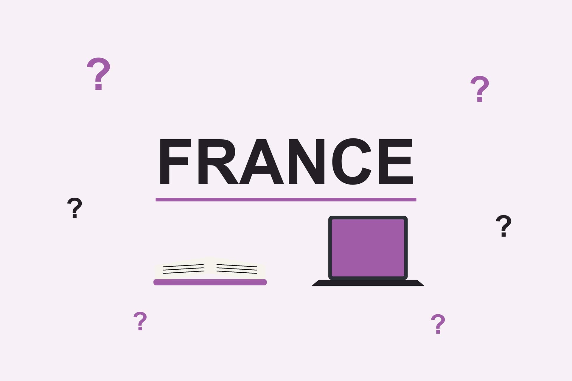Flat illustration with the word France, question marks, an open book and a laptop