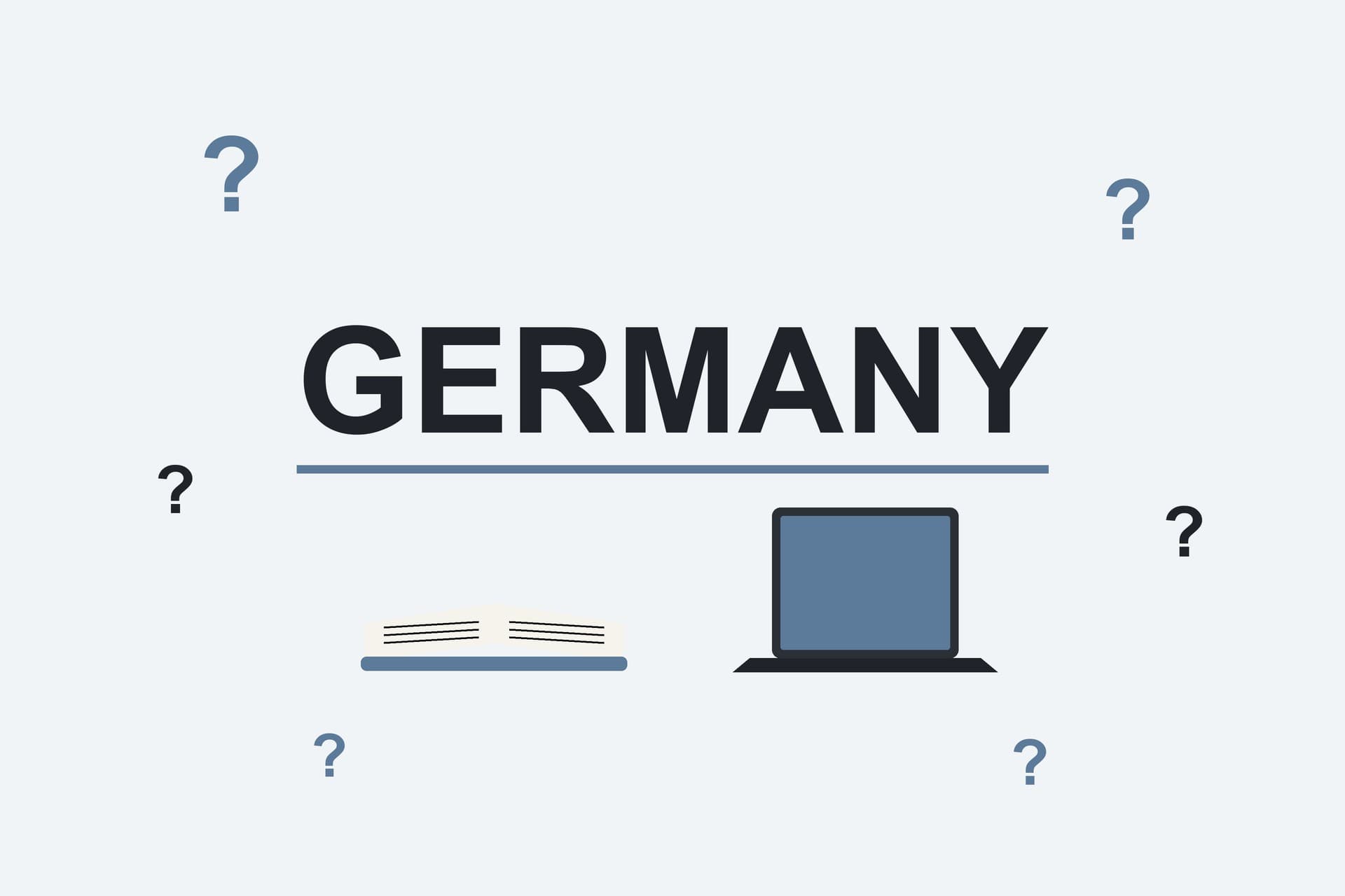 Flat illustration with the word Germany, question marks, an open book and a laptop