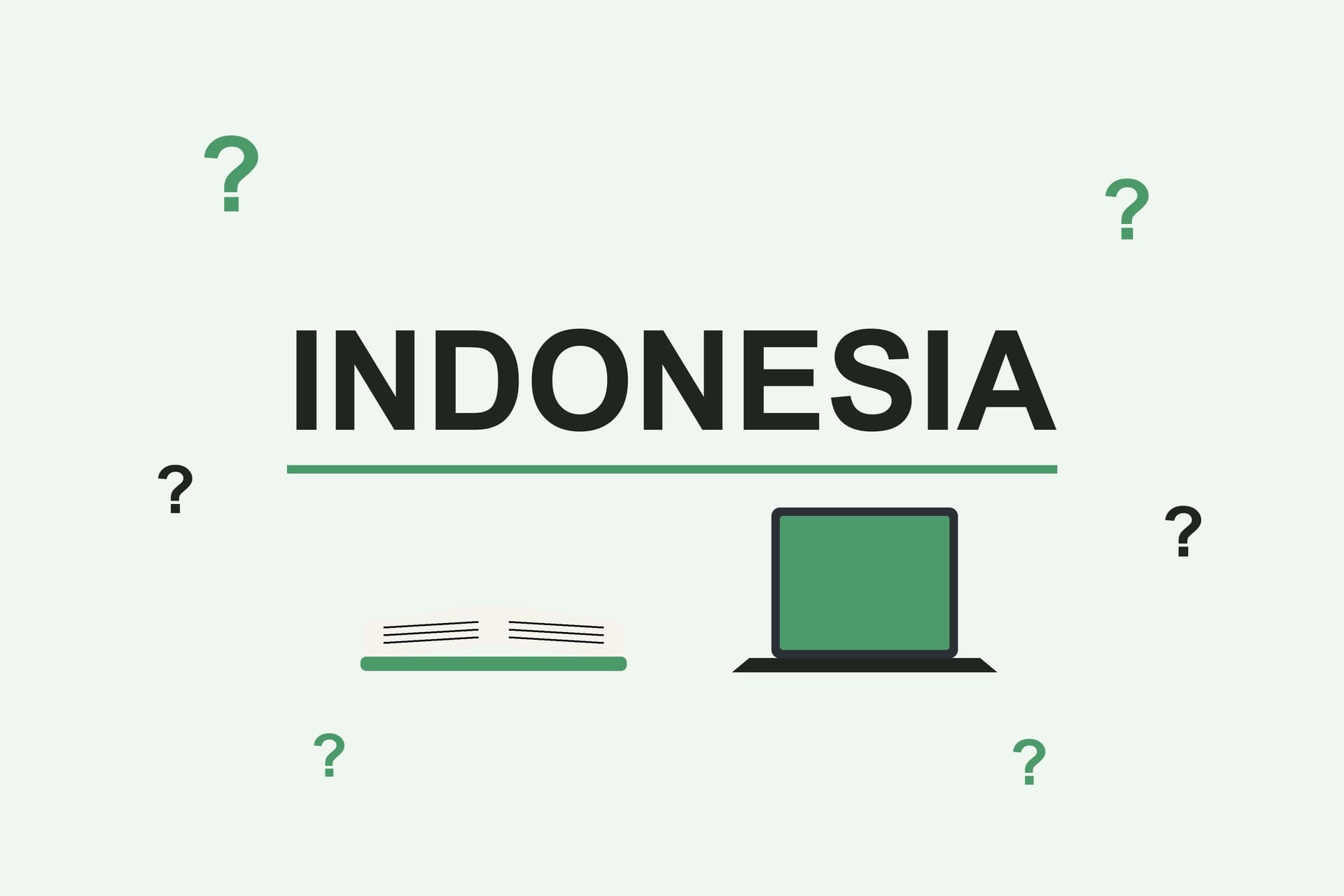 Flat illustration with the word Indonesia, question marks, an open book and a laptop