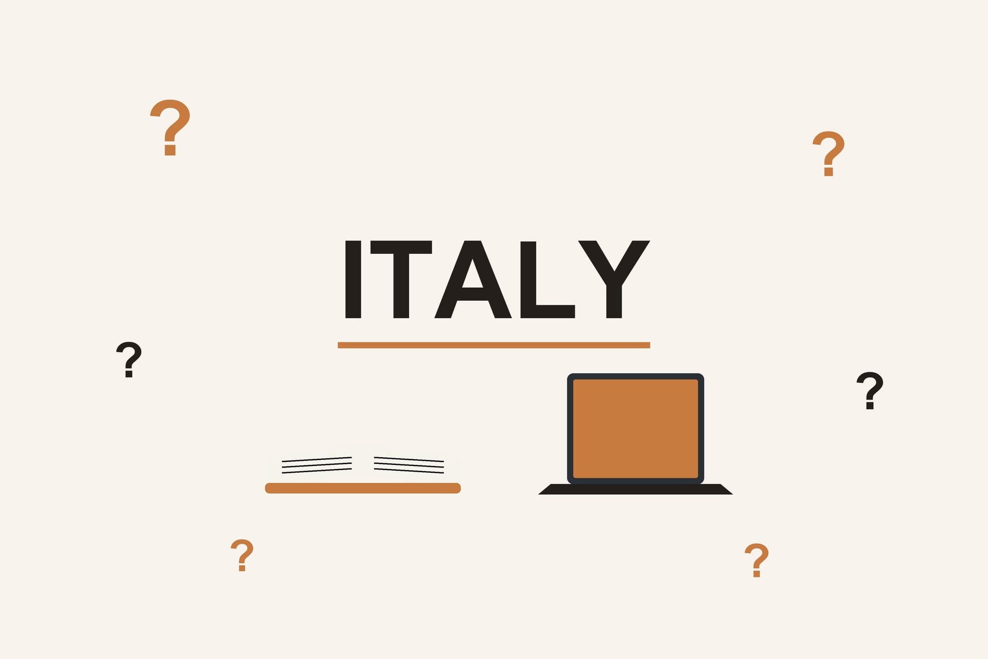 Flat illustration with the word Italy, question marks, an open book and a laptop