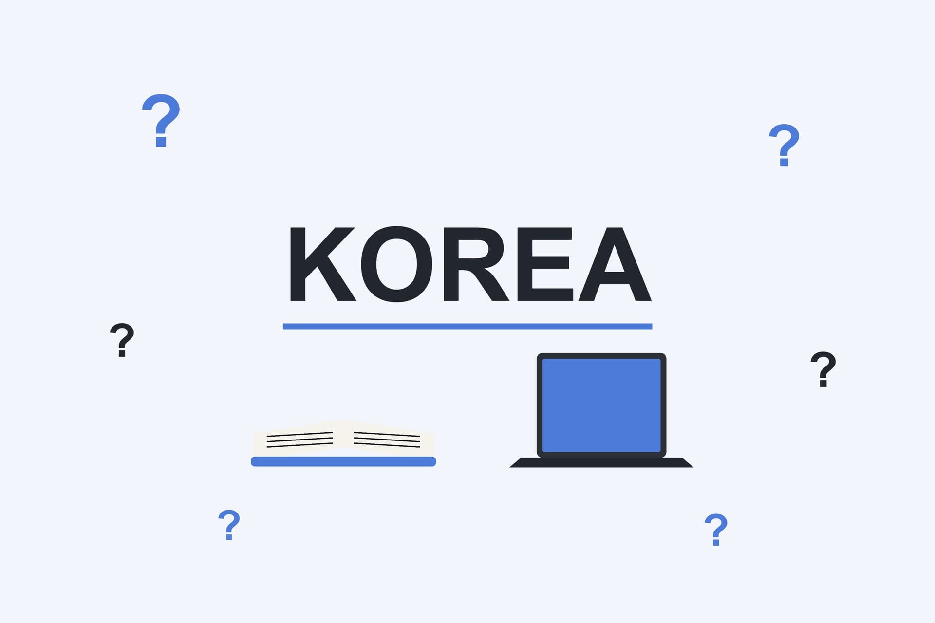 Flat illustration with the word Korea, question marks, an open book and a laptop