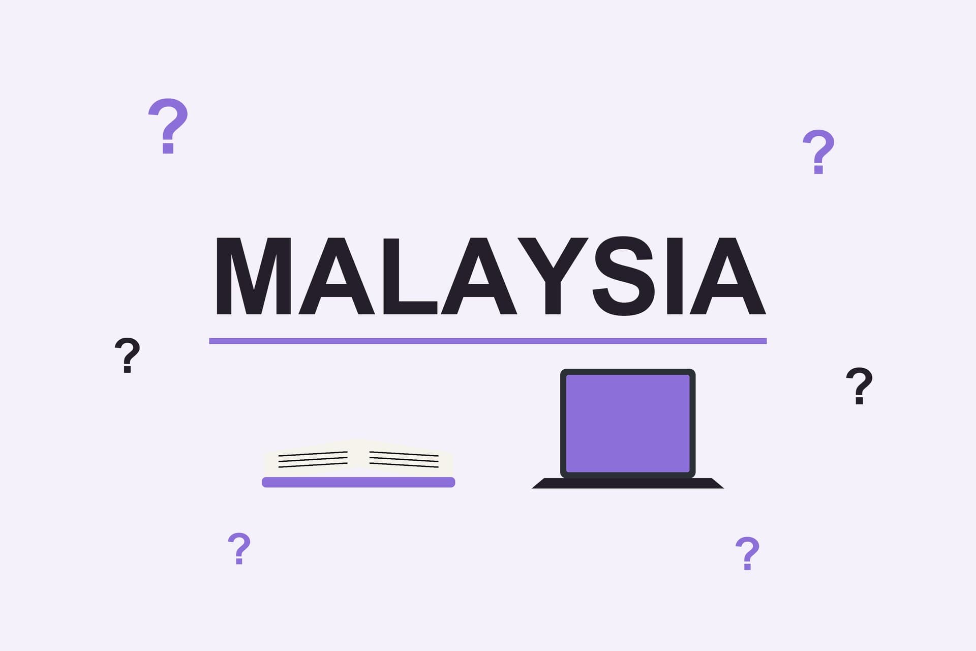 Flat illustration with the word Malaysia, question marks, an open book and a laptop
