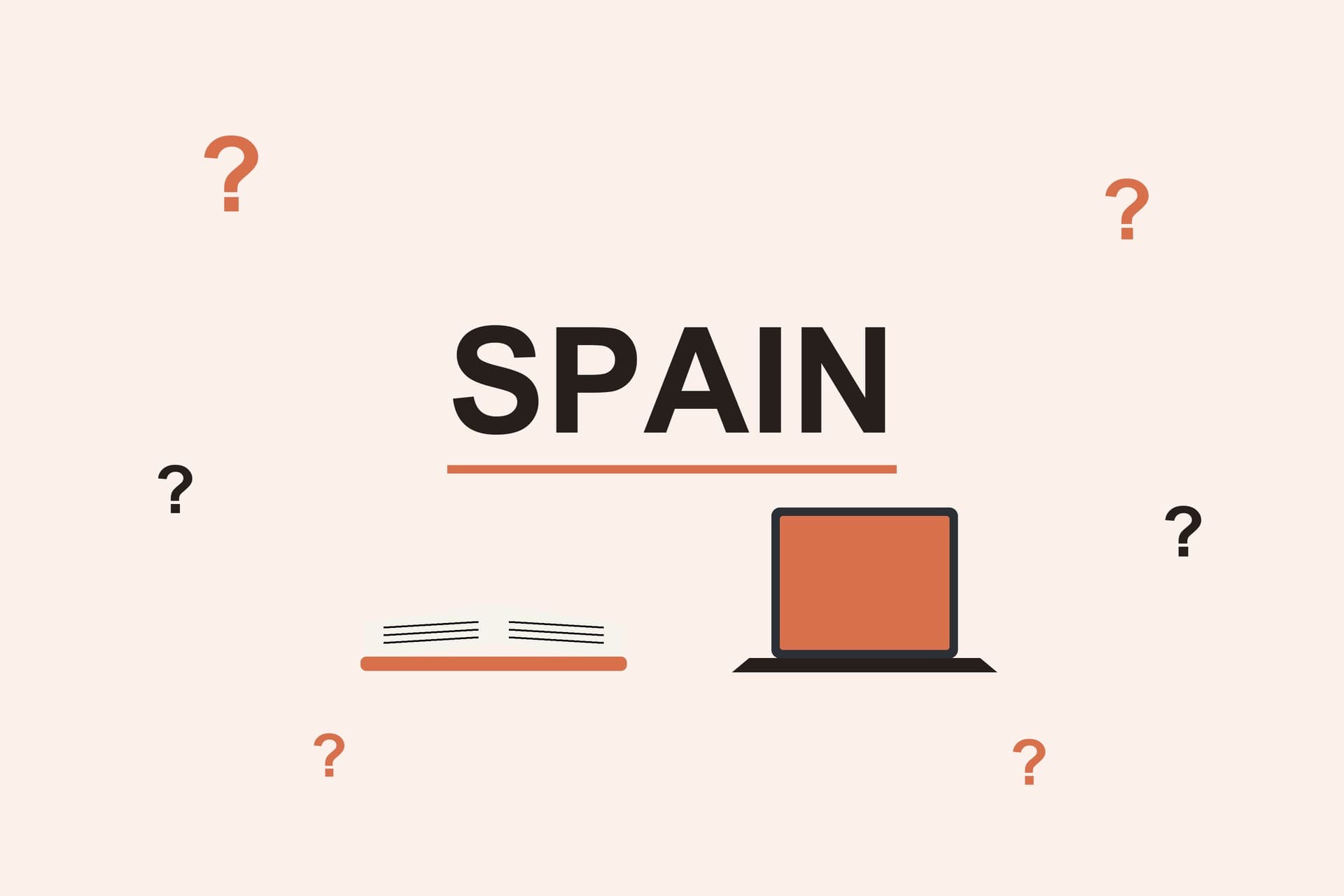 Flat illustration with the word Spain, question marks, an open book and a laptop