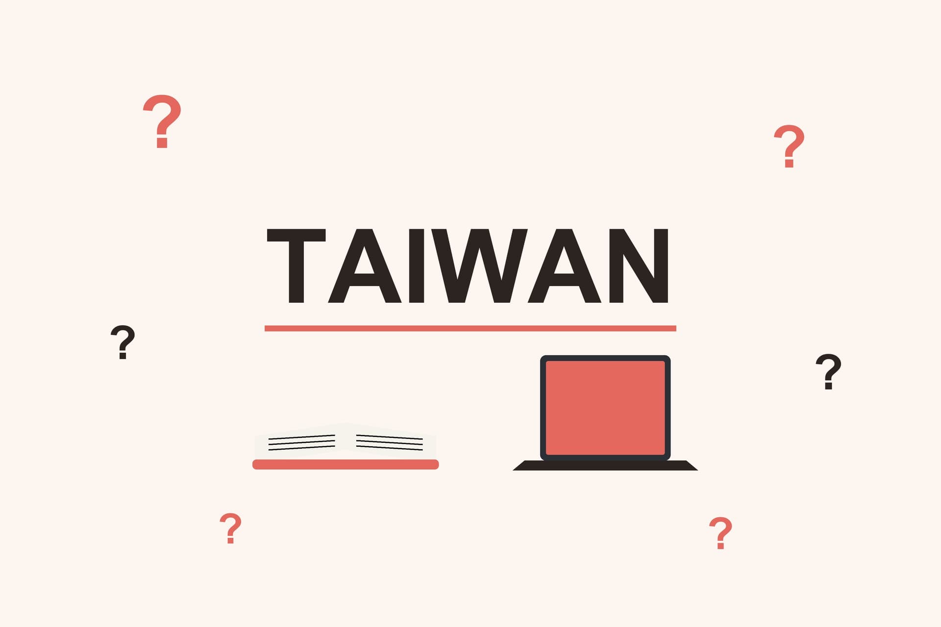 Flat illustration with the word Taiwan, question marks, an open book and a laptop
