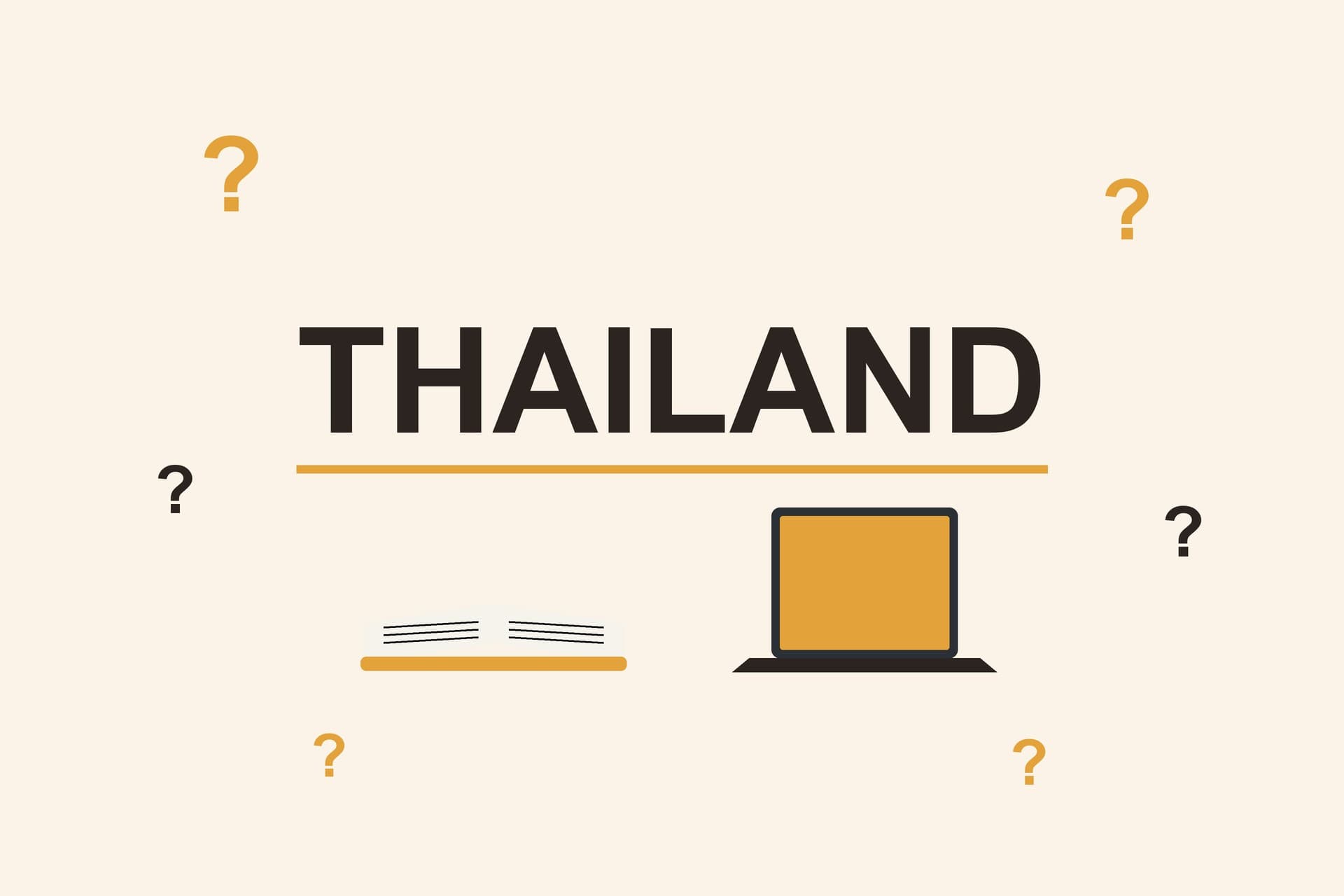 Flat illustration with the word Thailand, question marks, an open book and a laptop
