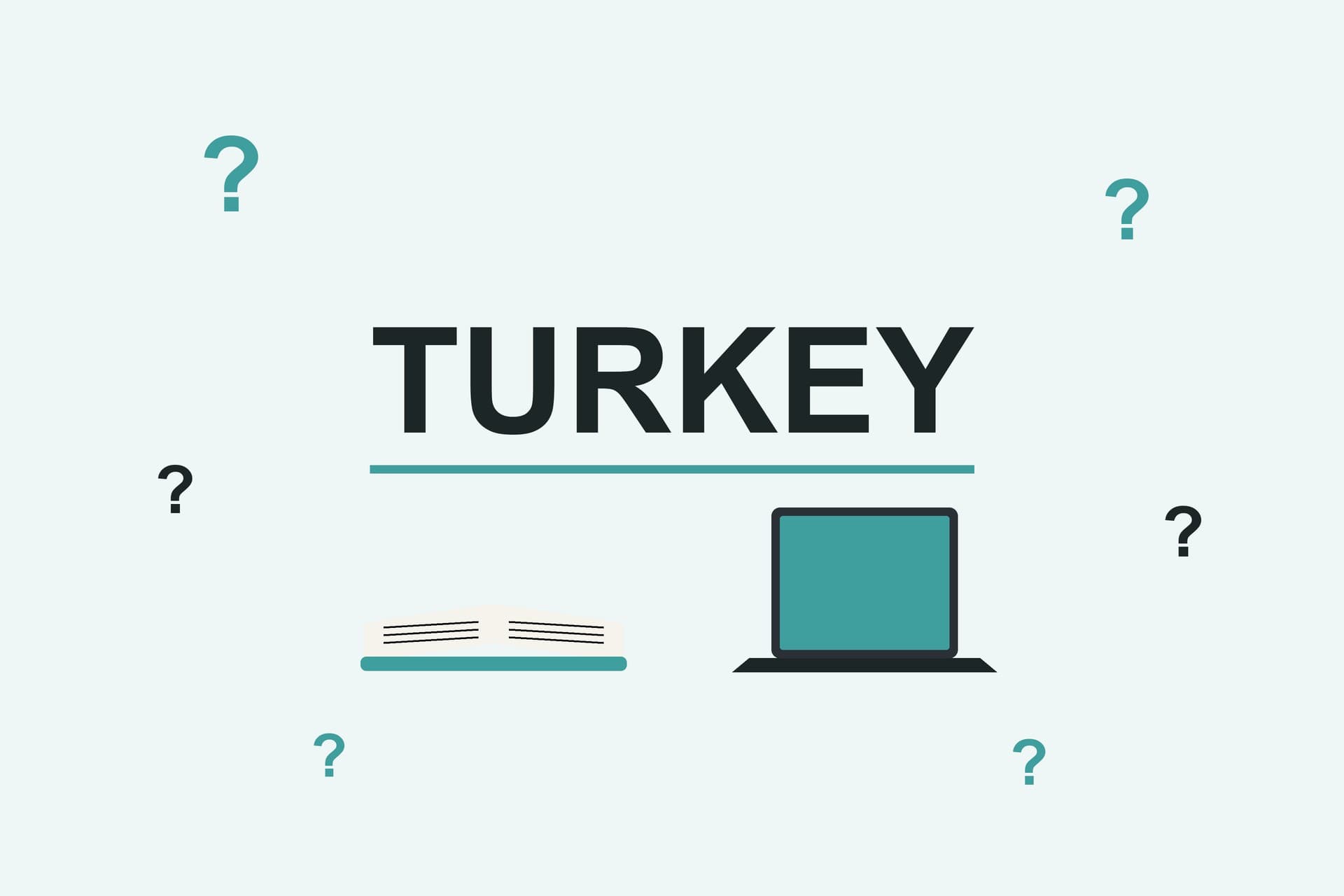 Flat illustration with the word Turkey, question marks, an open book and a laptop