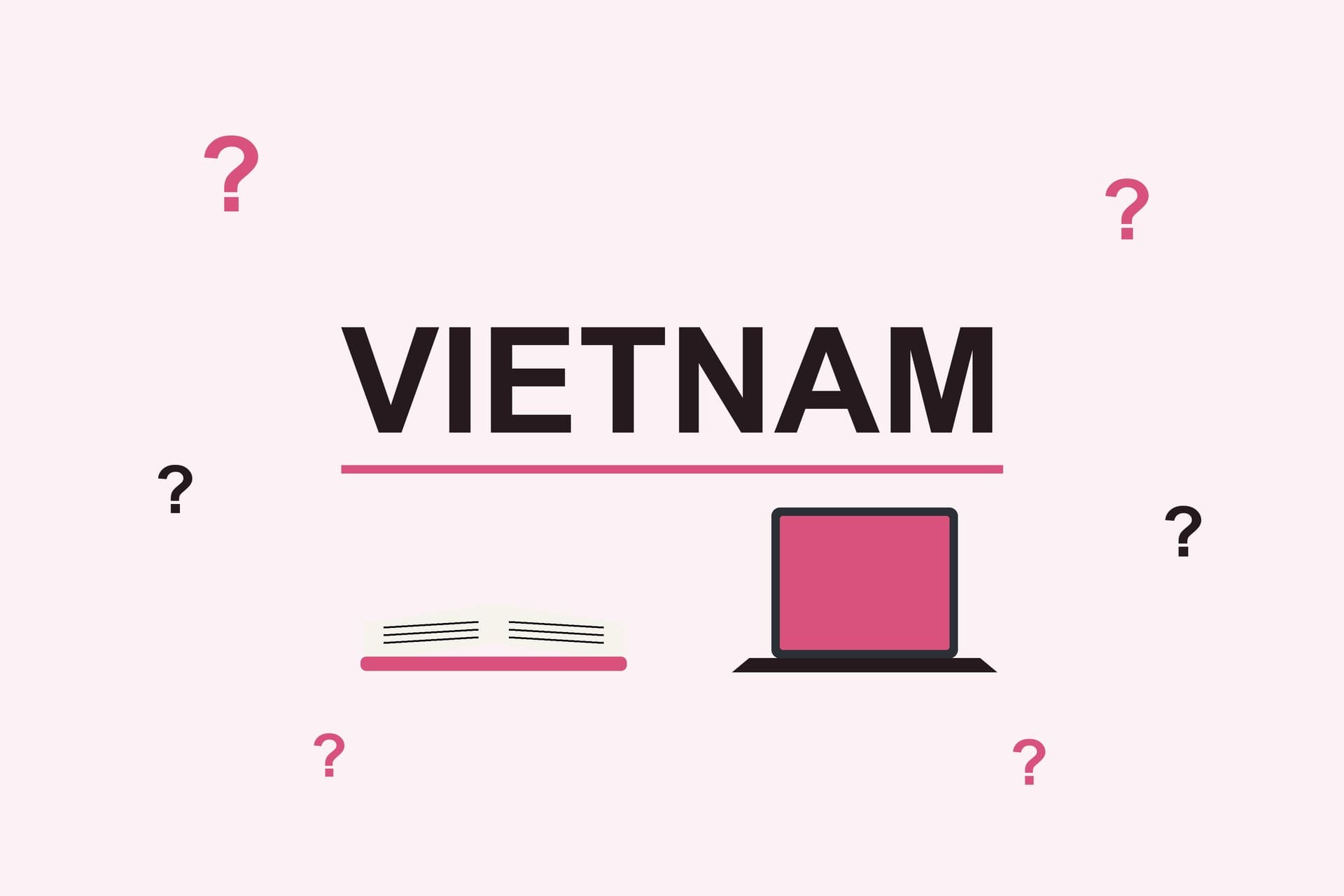 Flat illustration with the word Vietnam, question marks, an open book and a laptop